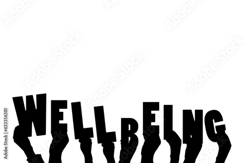Digital png illustration of hands with wellbeing text on transparent background