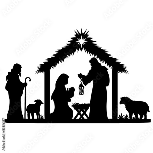 Holy Night silhouette - Nativity scene of baby Jesus silhouette in a manger with Mary and Joseph with the three wise men. Christian Christmas silhouette of animals. Illustration for children.