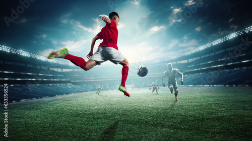 Woman, football player in motion with virtual opponents, hitting ball on soccer arena with flashlights. Concept of online games, sport, virtual simulator, surrealism, championship, action