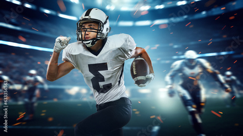 Professional american football player in motion, running with ball on sports arena. Game with virtual opponents. Concept of online games, sport, virtual simulator, surrealism, championship