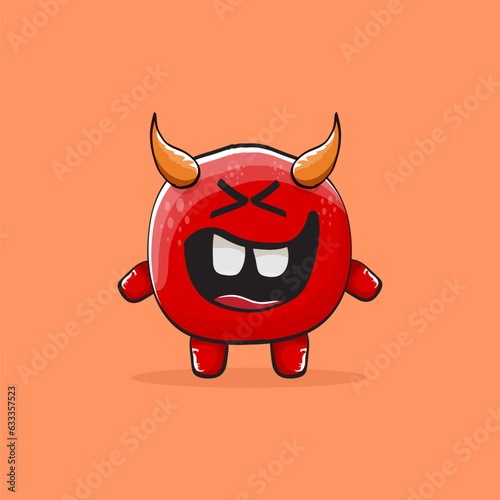 Vector cartoon funny red monster with horn isolated on orange background. Smiling silly blue funky monster print sticker design template. Pink Ghost, troll, gremlin, goblin, devil and monster