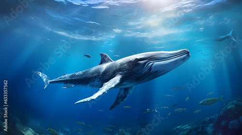 A deep-sea view with a majestic blue whale swimming in the midst