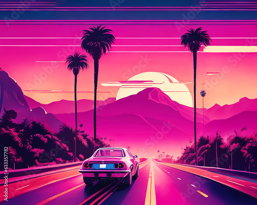 Synthwave Horizons: Digital Retro Summer Landscapes - Embracing the Nostalgic 80s Aesthetic with Mountains, Sunsets, and Vibrant Retrowave Vibes © rushge