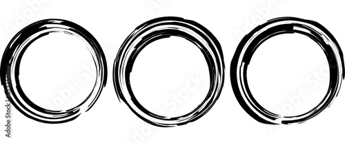 Hand drawn black three circles shape, artistic grunge brush stroke isolated on white background. Vector design.