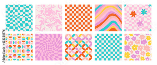 Groovy seamless patterns with funny daisy, wave, chess, mesh, and rainbow. Set of vector backgrounds in trendy retro trippy y2k style. Happy bright colors. Fun hippie texture for surface design.