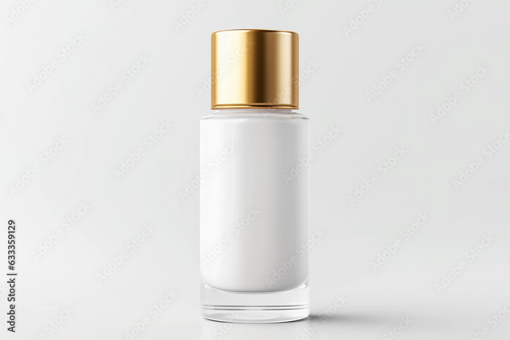 Glass bottle with cream and gold cap on white background. Minimalistic mocap for cosmetics. Glass bottle with cream and gold cap on white background. Minimalistic mocap for cosmetics.