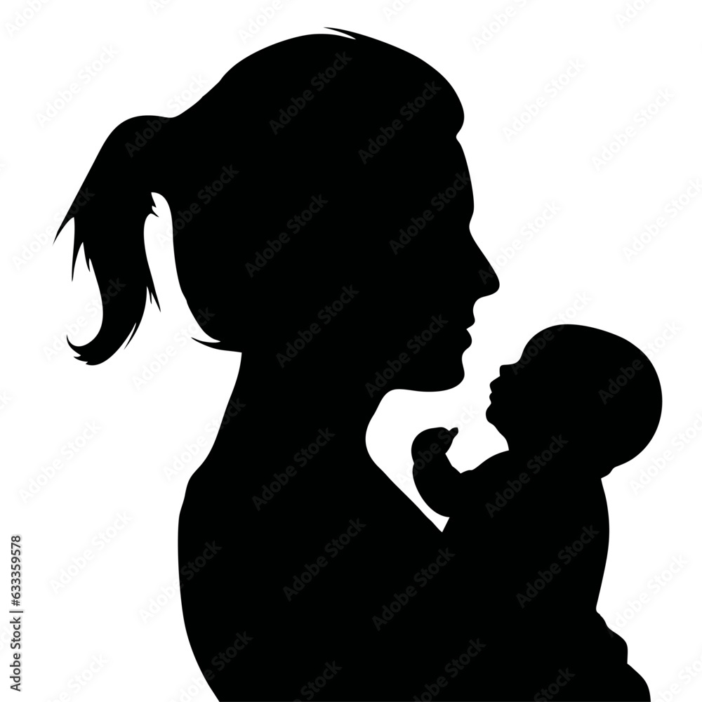 A woman with a baby in her arms Silhouette vector is black on a white background. Vector illustration