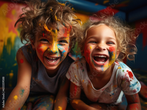 Two kids playing and covered with colors