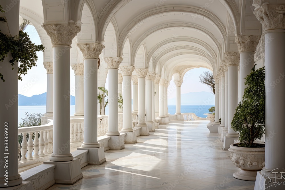 The white building stands majestically with its impressive columns and balcony, beckoning visitors to explore its outdoor and indoor arches, plant-filled porches, and lush grounds