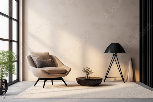 Modern living room with textured empty wall in neutral tones. Japandi interior design with black minimalist lamp, gray armchair and coffee table.