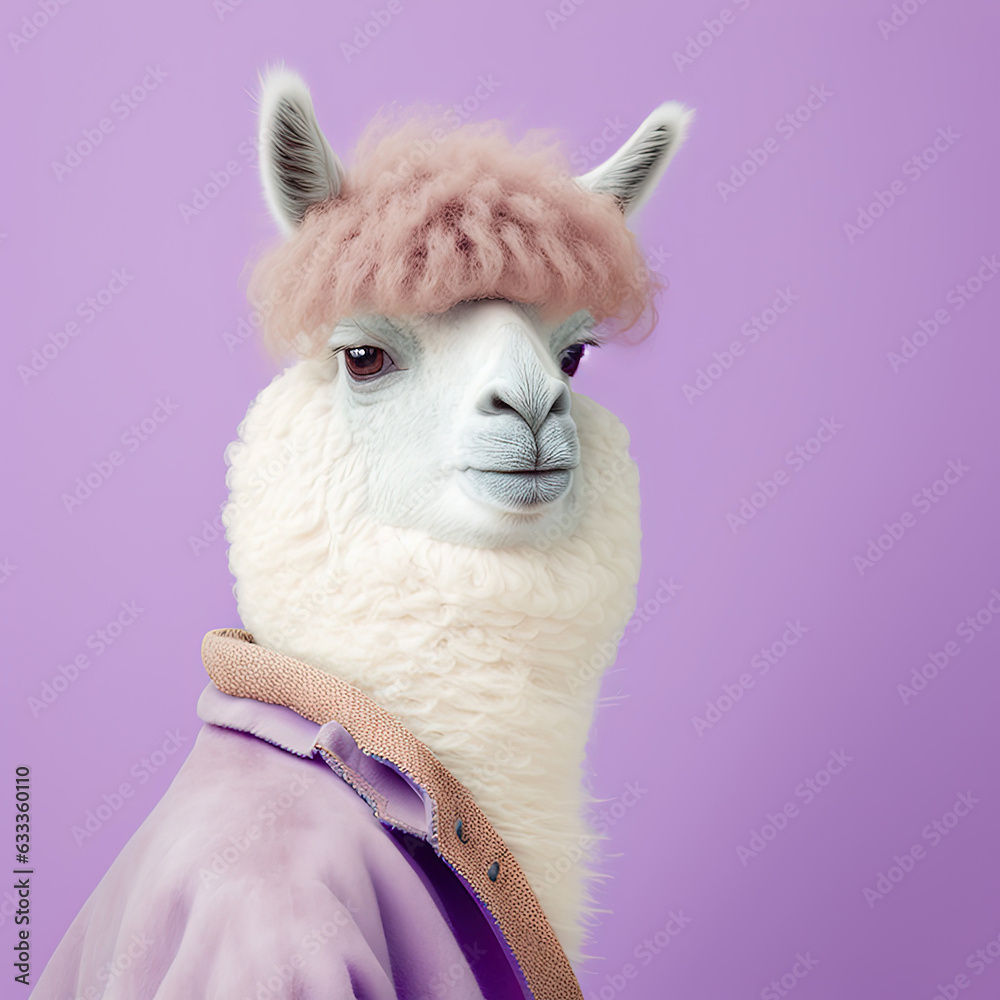 Fashion alpaca on lavender background, cotton candycore trend