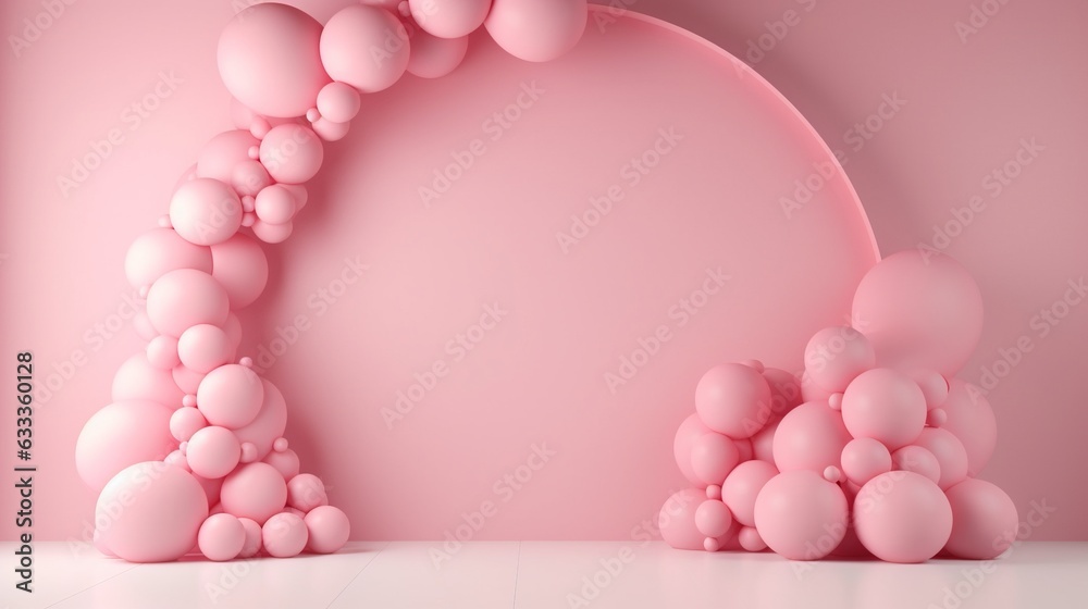 Generative AI, arch of pink balloons. Birthday party for girl 3d background, shower. Mockup, template for greetiing card. Generative AI, arch of pink balloons. Birthday party for girl 3d background, shower. Mockup, template for greetiing card.