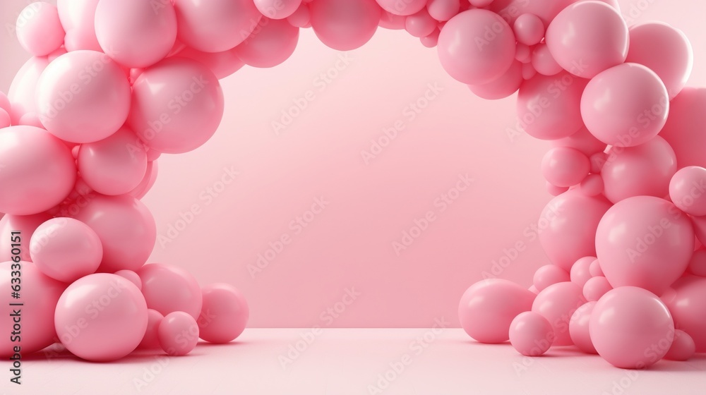 Generative AI, arch of pink balloons. Birthday party for girl 3d background, shower. Mockup, template for greetiing card.