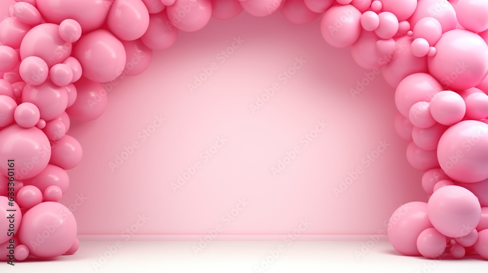 Generative AI, arch of pink balloons. Birthday party for girl 3d background, shower. Mockup, template for greetiing card.