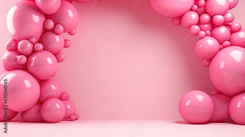 Generative AI, arch of pink balloons. Birthday party for girl 3d background, shower. Mockup, template for greetiing card.