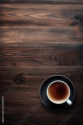 On a dark wooden floor in the morning, a single cup of coffee sits steaming on a saucer, inviting its drinker to savor the invigorating warmth of its caffeine-filled aroma