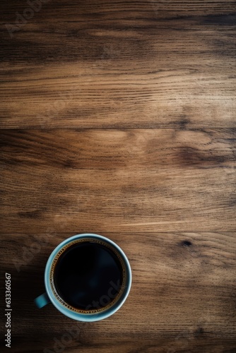 A steaming mug of coffee perched atop a warm wooden surface creates a comforting and inviting atmosphere