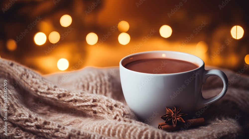Obraz premium A mug of hot tea stands on a chair with a woolen blanket in a cozy living room with a fireplace. Cozy winter day