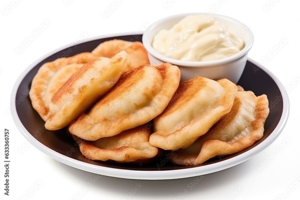 Homemade Fried Pierogi in plate isolate white blackground.Fried dumplings with dipping sauce. Generative AI Homemade Fried Pierogi in plate isolate white blackground.Fried dumplings with dipping sauce. Generative AI
