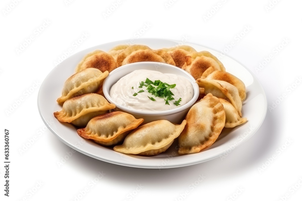 Homemade Fried Pierogi in plate isolate white blackground.Fried dumplings with dipping sauce. Generative AI