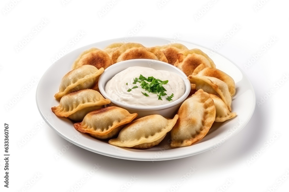 Homemade Fried Pierogi in plate isolate white blackground.Fried dumplings with dipping sauce. Generative AI Homemade Fried Pierogi in plate isolate white blackground.Fried dumplings with dipping sauce. Generative AI