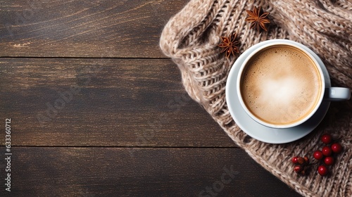 A mug of hot tea stands on a chair with a woolen blanket in a cozy living room with a fireplace. Cozy winter day