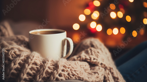 A mug of hot tea stands on a chair with a woolen blanket in a cozy living room with a fireplace. Cozy winter day