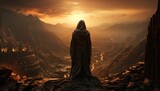An old monk in a black cloak, the saint stands on a mountaintop in the setting sun. Made in AI