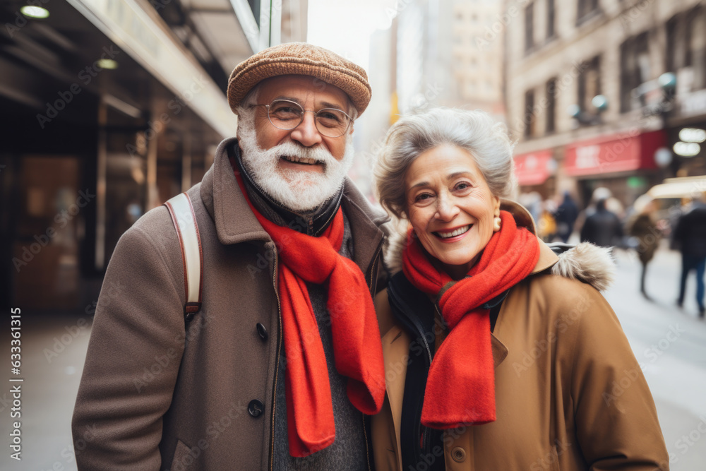 Portrait of senior couple walking in the city.