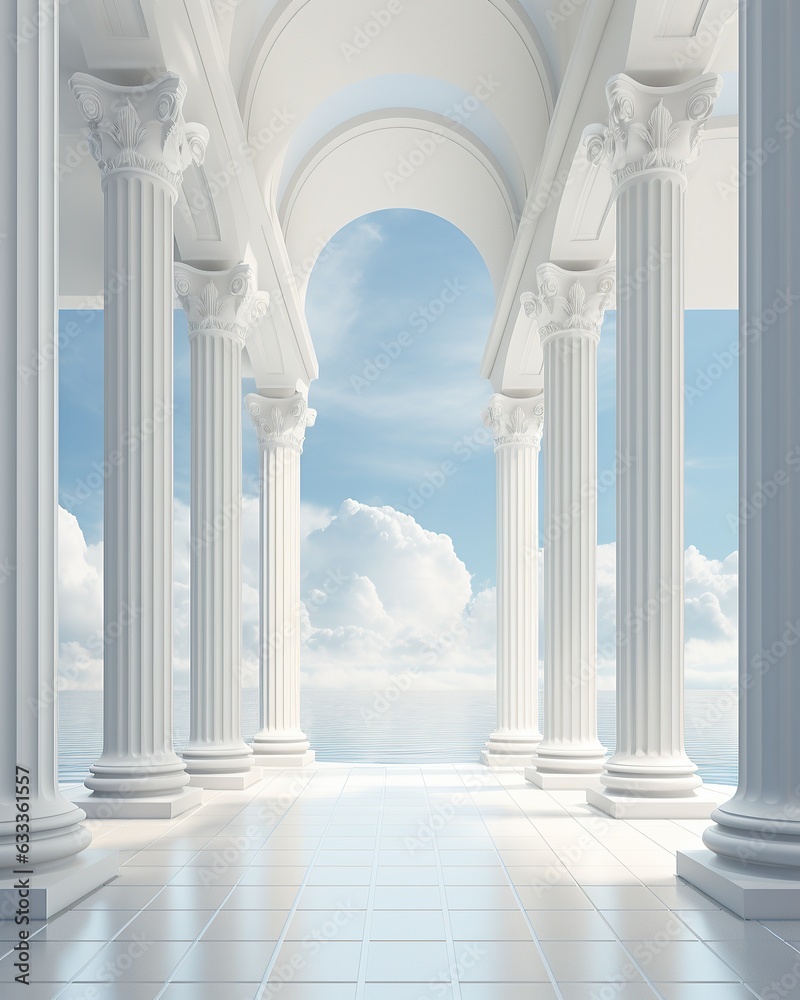Surrounded by a majestic colonnade of columns, the white surrealistic building stands in perfect symmetry beneath a brilliant sky of fluffy clouds