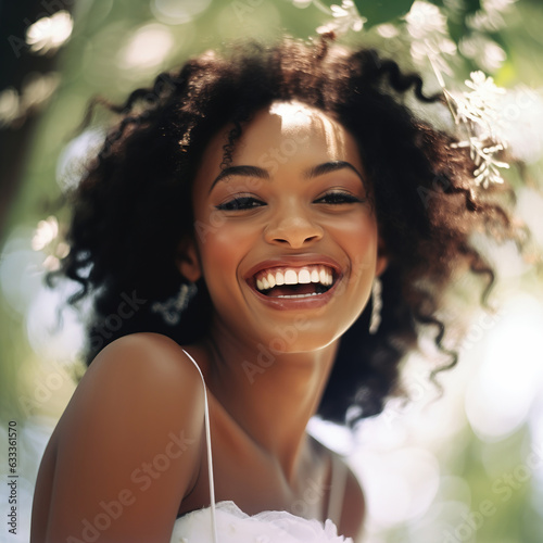 Young black woman in white off the shoulder wedding dress