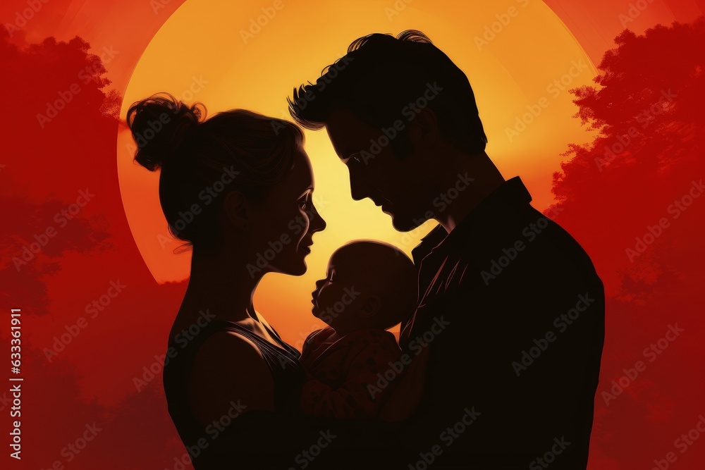 Family silhouette with father, mother and baby at sunset, Father and mother hugging son, Generative AI	
