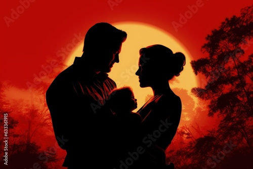 Family silhouette with father, mother and baby at sunset, Father and mother hugging son, Generative AI 