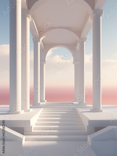 Surreal white building with columns and a staircase stands against the backdrop of a vibrant sky, illuminated by the rising sun and dotted with fluffy clouds