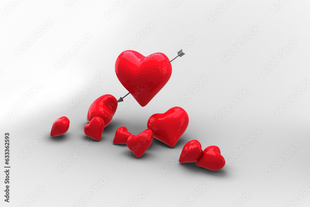 Digital png illustration of many red hearts with arrow on transparent background