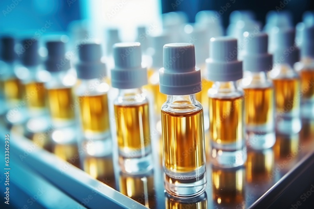 Glass vials for liquid samples. Laboratory equipment for dispensing fluid samples. Shallow depth of field. Glass vials for liquid samples. Laboratory equipment for dispensing fluid samples. Shallow depth of field.
