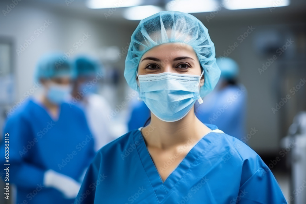 Surgeon woman with a blue medical uniform smiling in the operating room. Generative AI.