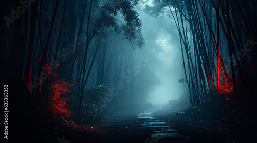 beautiful bamboo forest with mist at night