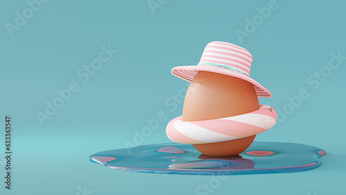 Egg wearing hats and Swim rings play in water. 3D Render.