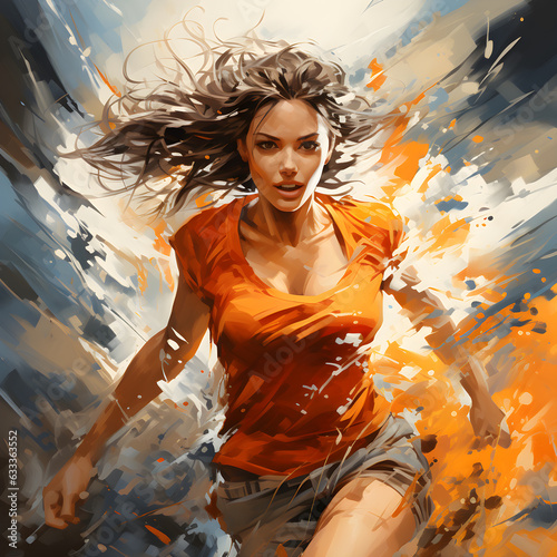 Wunderschöne, rennende Frau (Ölgemälde, Line Art)