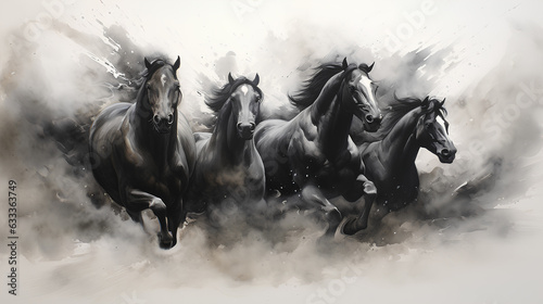 watercolor dark horses on white background 