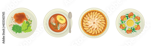 French Food Dishes Served on Plates for Restaurant Menu Top View Vector Set