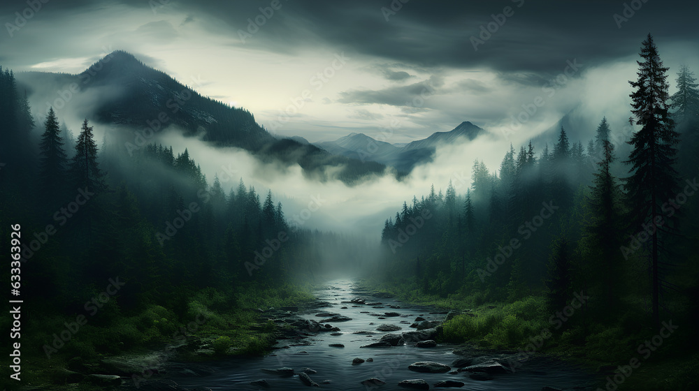 Fototapeta premium dark foggy foggy mountain forest landscape