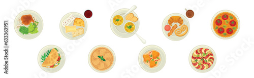 French Food Dishes Served on Plates for Restaurant Menu Top View Vector Set