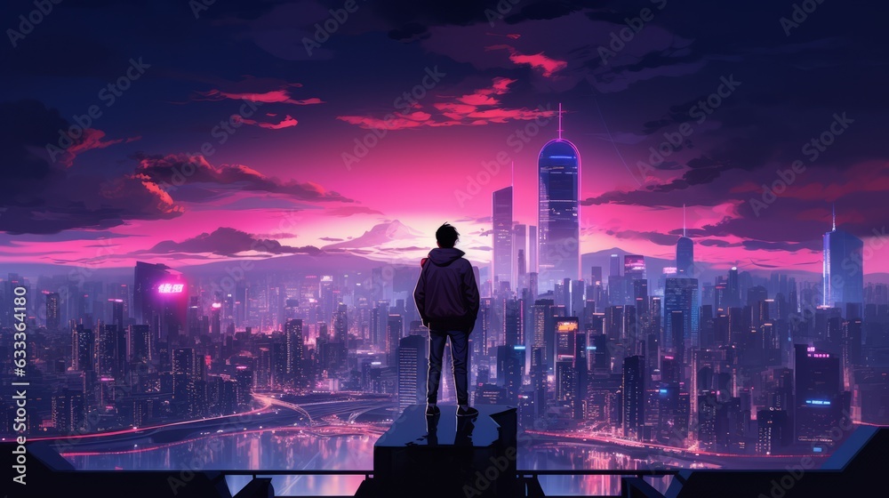 Fototapeta premium A silhouette standing on the edge of a skyscraper looking out over a bright neon city at night. AI generative.