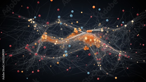 A visual representation of neural networks with interconnected nodes and flowing information, representing the computational processes and learning capabilities of AI systems. AI generative.