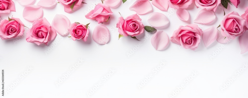 Decorative web banner. Close up of blooming pink roses flowers and petals isolated on white table background. Floral frame composition. Empty space, flat lay, top view. AI generative. Decorative web banner. Close up of blooming pink roses flowers and petals isolated on white table background. Floral frame composition. Empty space, flat lay, top view. AI generative.