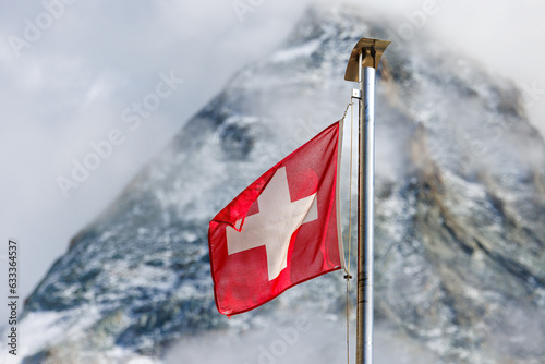 swiss flag at Cabane du Mountet in front of Dent Blanche, Valais