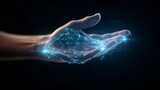 Digital hand hologram on dark background with copy space. Neural network connection. Communication with artificial intelligence.