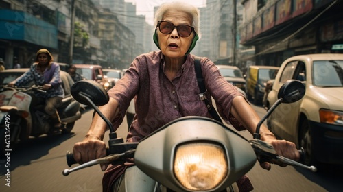 Elderly woman with a fearful look faces the city traffic on her motorbike. AI generative.